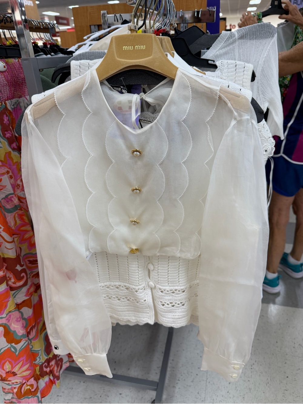 Miu Miu Sheer Ivory Scalloped Front Blouse with Gold Buttons